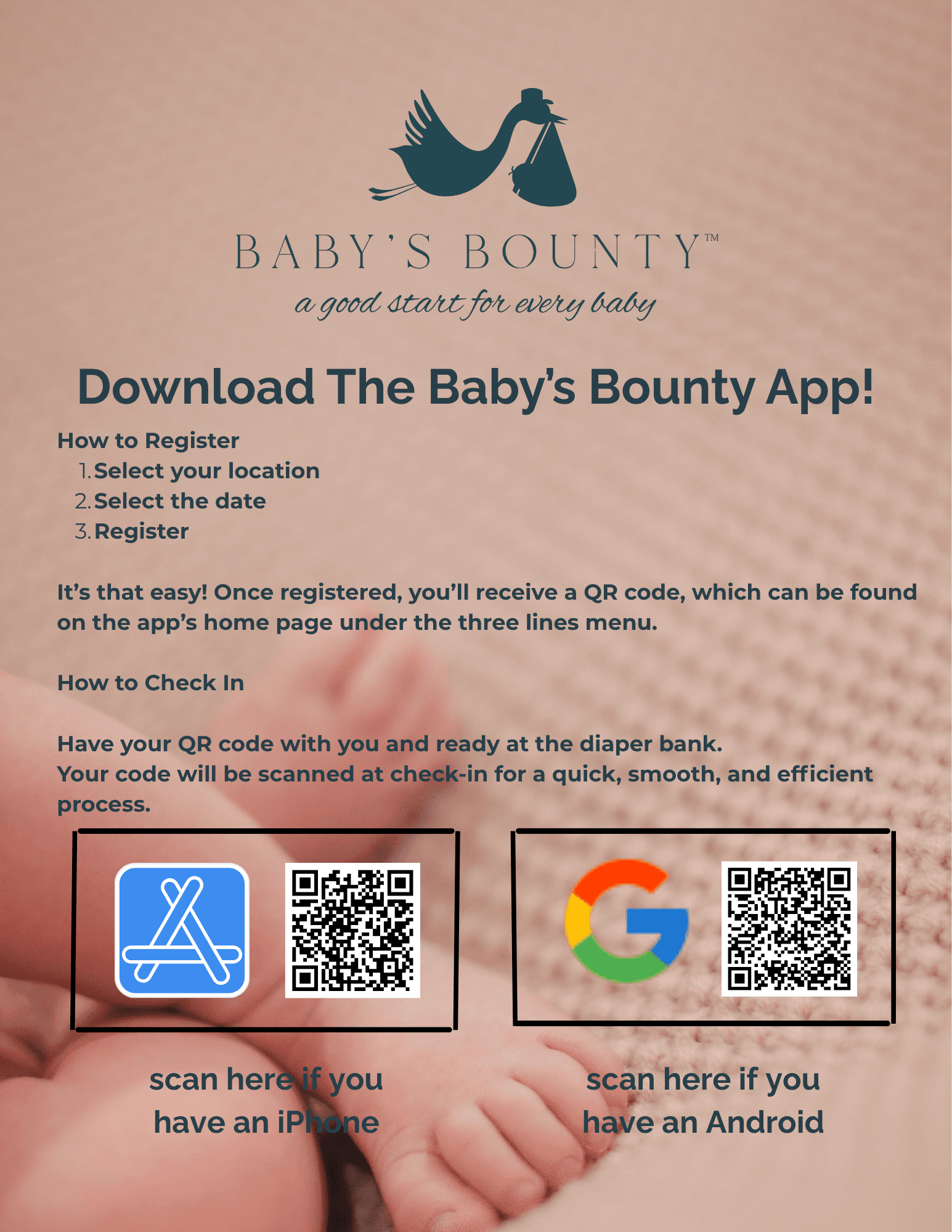 Baby's Bounty diaper bank app registration instructions with iPhone and Android QR codes